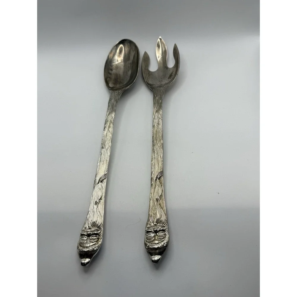 INTERNATIONAL SILVER Plated Christmas Santa Salad Serving Set Fork & Spoon 13